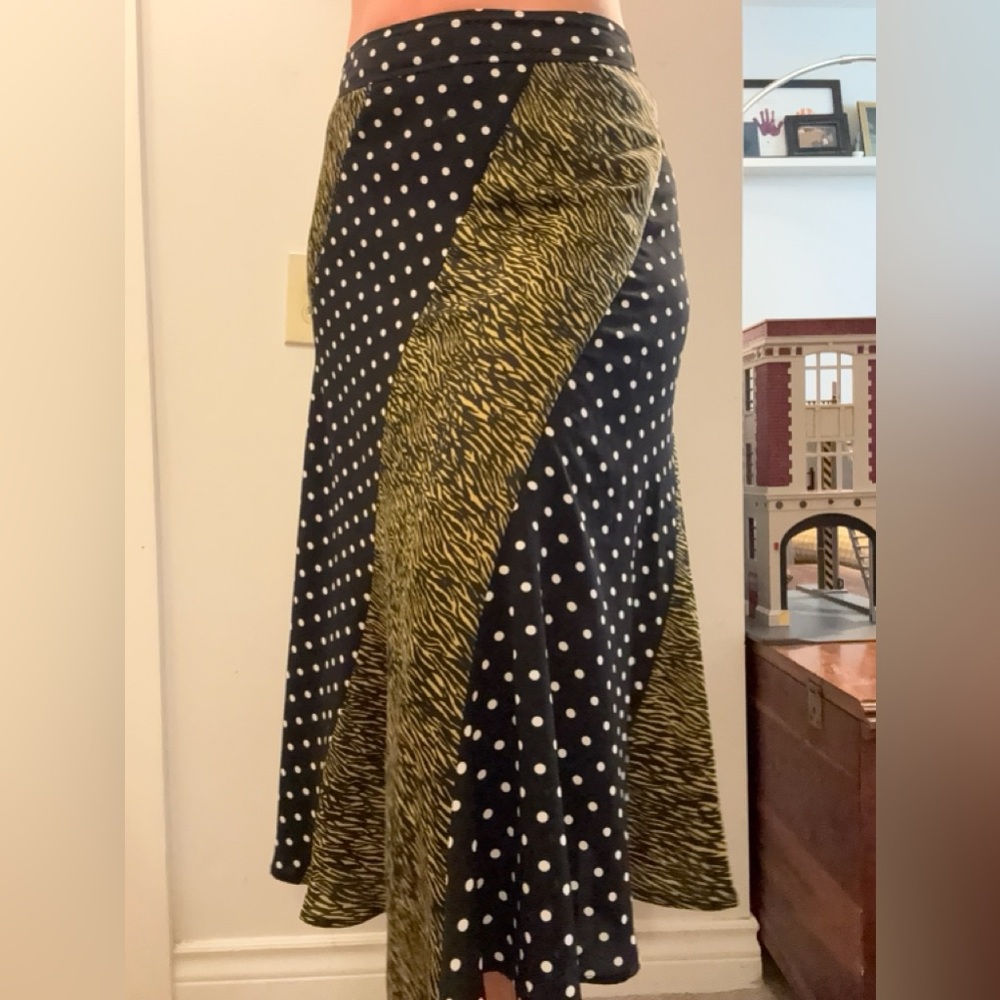 Current Air Black Polka Dot Midi Skirt with Olive Zebra Panels